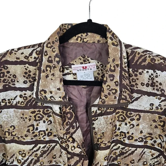 Vintage Women Stunt Sports Brown Bomber Jacket Size Medium 100% Silk Leopard - Picture 2 of 10